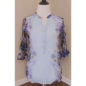 Blue Floral Blouse Lightweight V-Neck 3/4 Tab Sleeve Modcloth Magazine XS-S Boho
